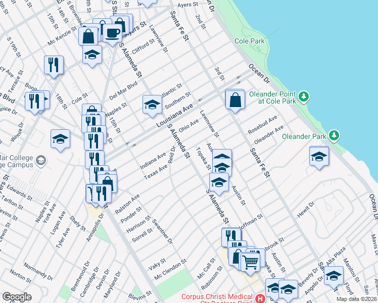 map of restaurants, bars, coffee shops, grocery stores, and more near 467 Texas Avenue in Corpus Christi