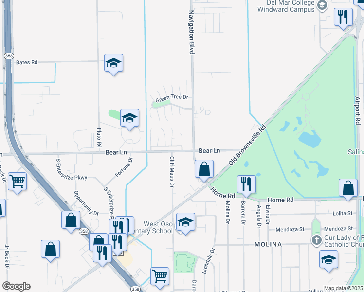 map of restaurants, bars, coffee shops, grocery stores, and more near Green Point Drive in Corpus Christi
