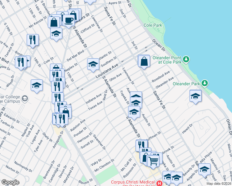 map of restaurants, bars, coffee shops, grocery stores, and more near 467 Texas Avenue in Corpus Christi