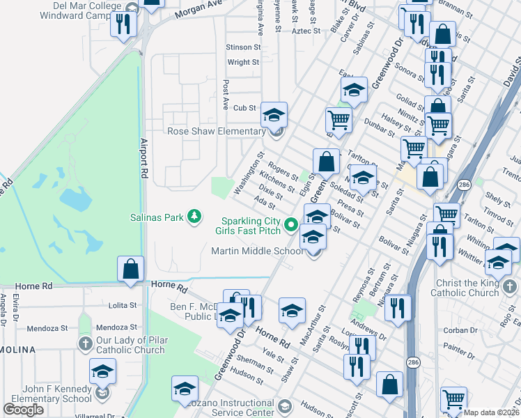 map of restaurants, bars, coffee shops, grocery stores, and more near 2819 Ada Street in Corpus Christi