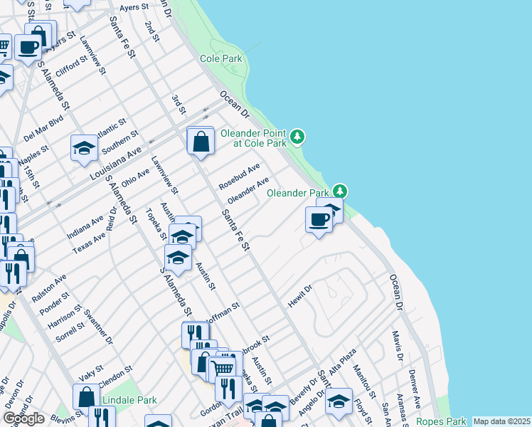 map of restaurants, bars, coffee shops, grocery stores, and more near 221 Chandler Lane in Corpus Christi