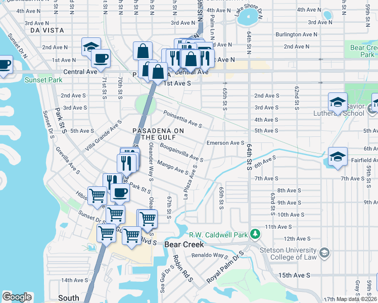 map of restaurants, bars, coffee shops, grocery stores, and more near 6639 Bougainvilla Avenue South in St. Petersburg
