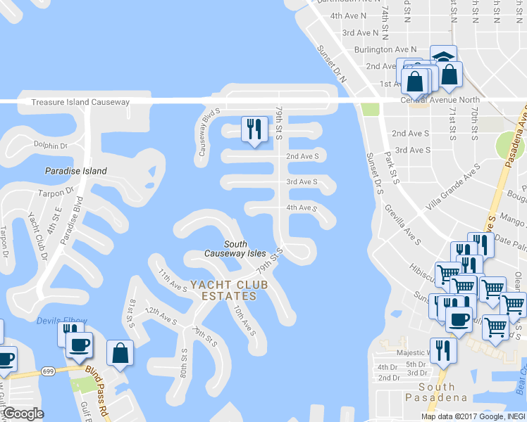 map of restaurants, bars, coffee shops, grocery stores, and more near 7906 4th Avenue South in St. Petersburg