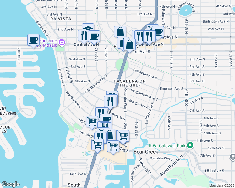 map of restaurants, bars, coffee shops, grocery stores, and more near 538 Pasadena Avenue South in St. Petersburg