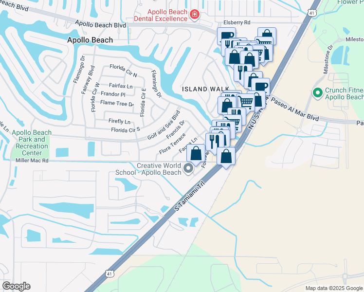 map of restaurants, bars, coffee shops, grocery stores, and more near 6028 Fauna Lane in Apollo Beach
