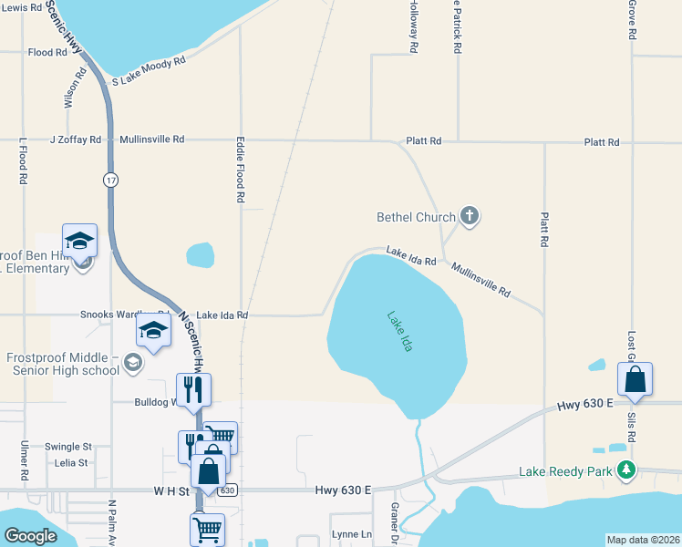map of restaurants, bars, coffee shops, grocery stores, and more near 206 Lake Ida Road in Frostproof