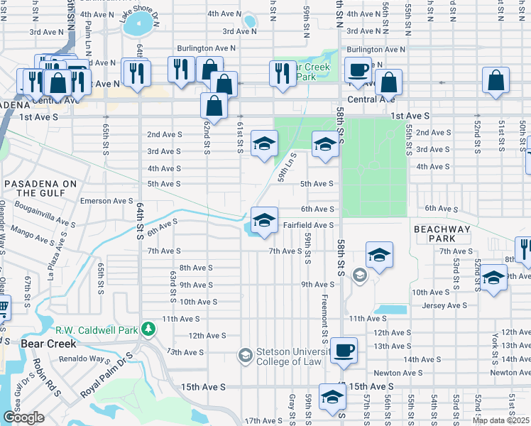 map of restaurants, bars, coffee shops, grocery stores, and more near 5956 6th Avenue South in St. Petersburg