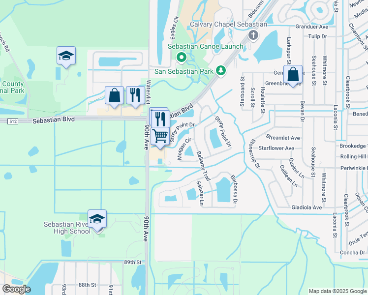 map of restaurants, bars, coffee shops, grocery stores, and more near 113 Morgan Circle in Sebastian