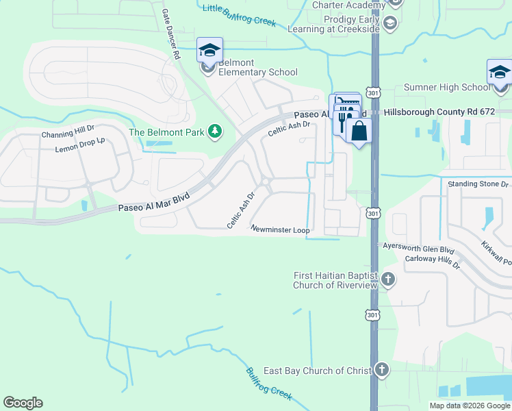 map of restaurants, bars, coffee shops, grocery stores, and more near 10019 Newminster Loop in Ruskin