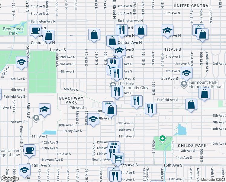 map of restaurants, bars, coffee shops, grocery stores, and more near 558 49th Street South in St. Petersburg