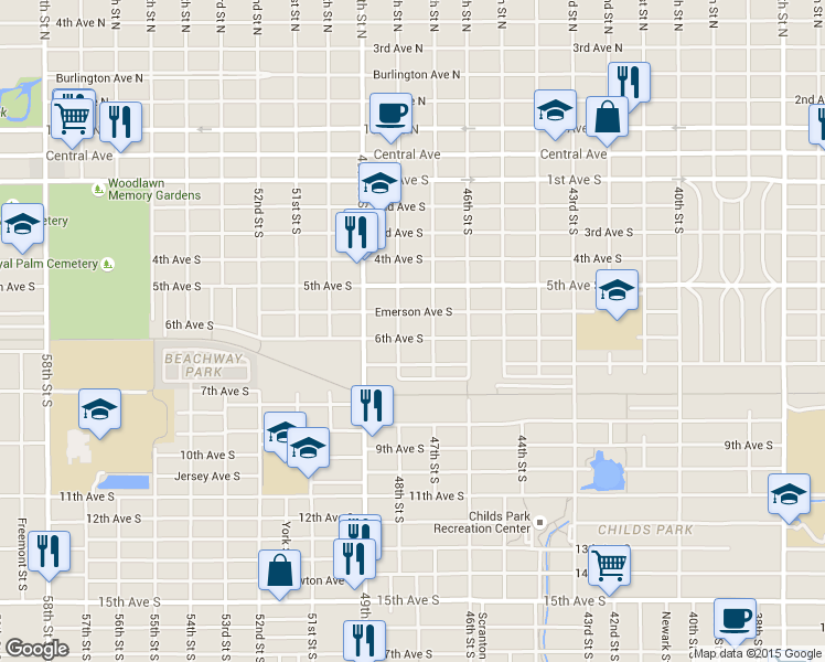 map of restaurants, bars, coffee shops, grocery stores, and more near 4745 6th Avenue South in St. Petersburg
