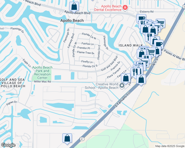 map of restaurants, bars, coffee shops, grocery stores, and more near 506 Golf and Sea Boulevard in Apollo Beach