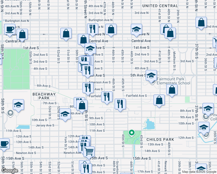 map of restaurants, bars, coffee shops, grocery stores, and more near 4635 6th Avenue South in St. Petersburg