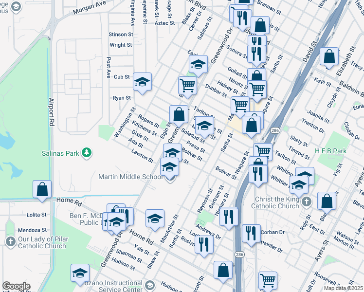 map of restaurants, bars, coffee shops, grocery stores, and more near 2630 Bolivar Street in Corpus Christi