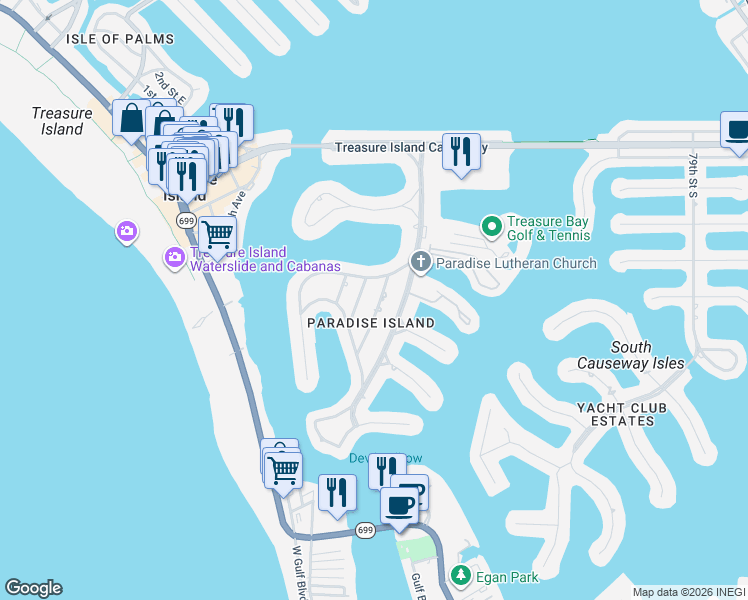 map of restaurants, bars, coffee shops, grocery stores, and more near 10206 4th Street East in Treasure Island