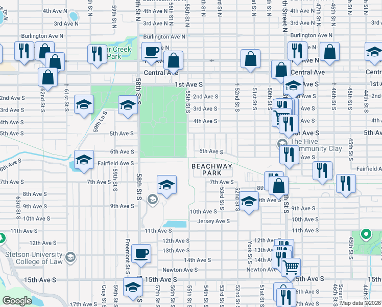 map of restaurants, bars, coffee shops, grocery stores, and more near 601 Braddock Street South in Saint Petersburg