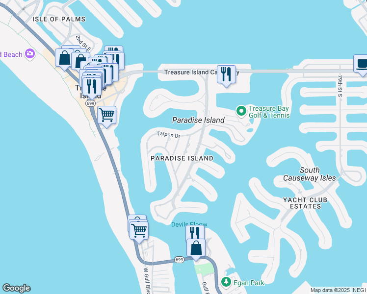 map of restaurants, bars, coffee shops, grocery stores, and more near 10206 4th Street East in Treasure Island