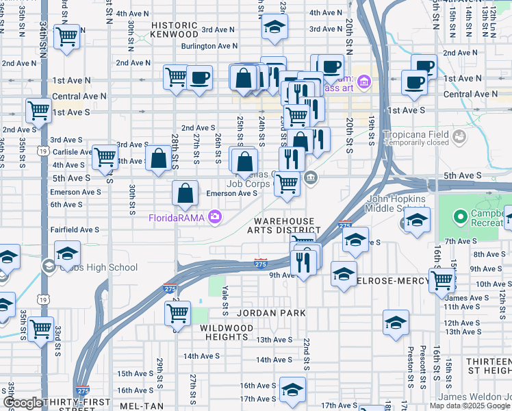 map of restaurants, bars, coffee shops, grocery stores, and more near 2430 Terminal Drive South in St. Petersburg