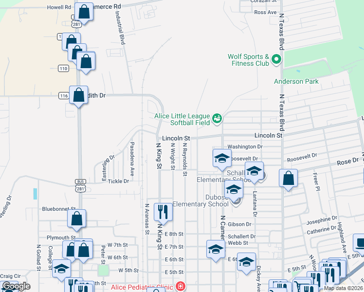 map of restaurants, bars, coffee shops, grocery stores, and more near 1050 North Reynolds Street in Alice