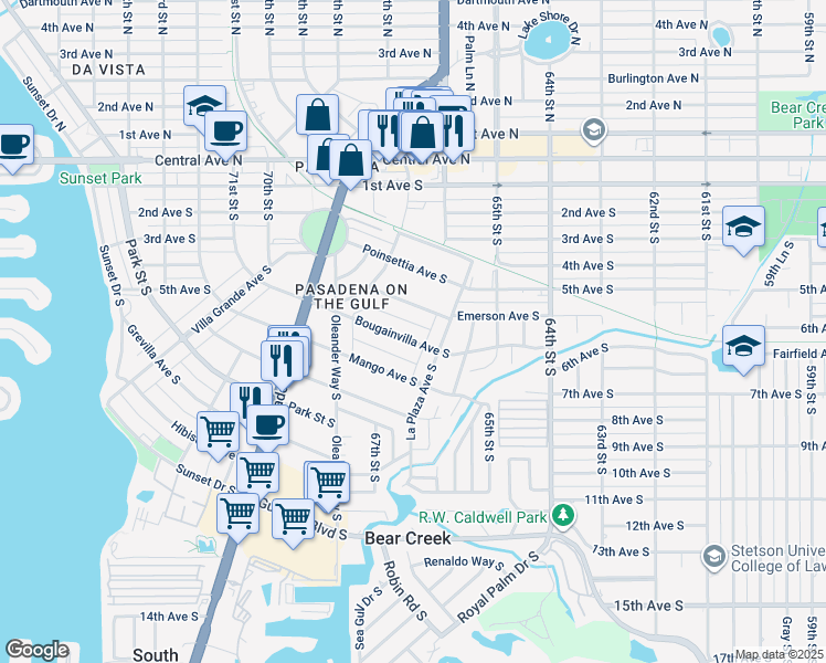 map of restaurants, bars, coffee shops, grocery stores, and more near 6639 Bougainvilla Ave S in St Petersburg