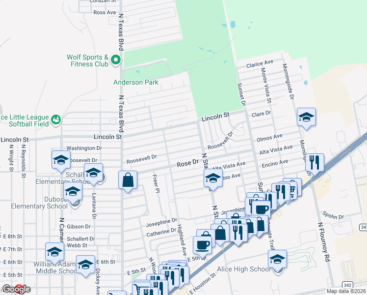 map of restaurants, bars, coffee shops, grocery stores, and more near 1317 Roosevelt Drive in Alice
