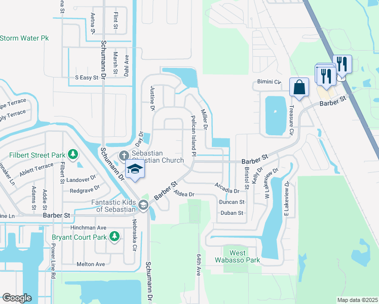 map of restaurants, bars, coffee shops, grocery stores, and more near 104 Pelican Island Place in Sebastian