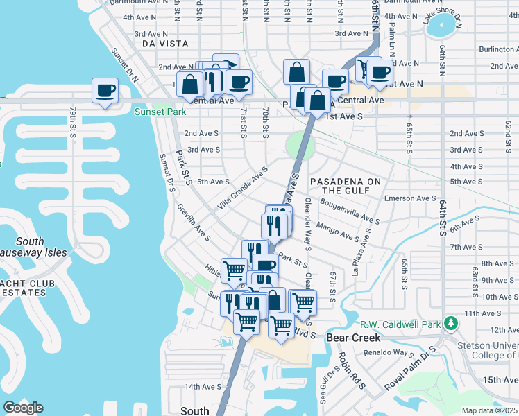 map of restaurants, bars, coffee shops, grocery stores, and more near 7000 Mango Avenue South in St. Petersburg