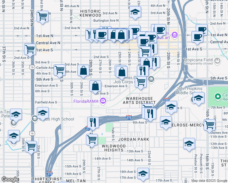 map of restaurants, bars, coffee shops, grocery stores, and more near 2535 6th Avenue South in St. Petersburg