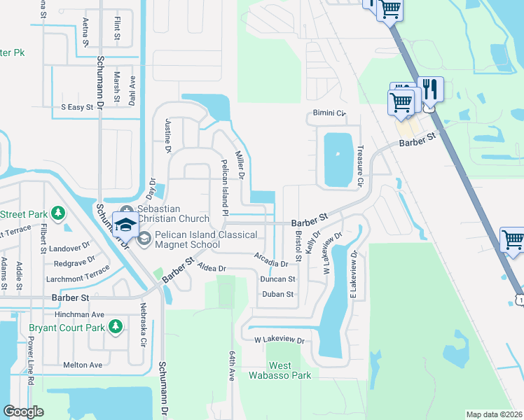 map of restaurants, bars, coffee shops, grocery stores, and more near 120 Tracy Drive in Sebastian