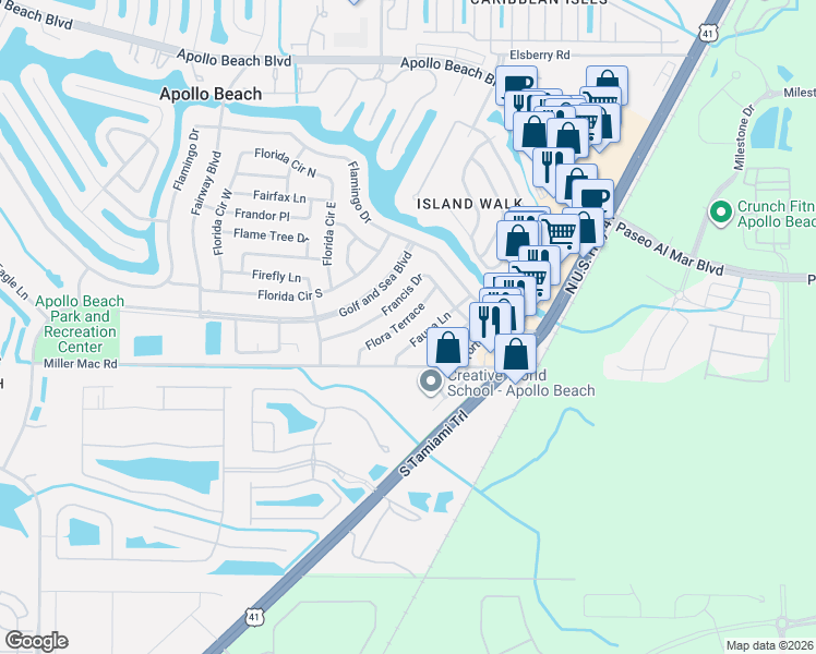 map of restaurants, bars, coffee shops, grocery stores, and more near 6028 Fauna Lane in Apollo Beach