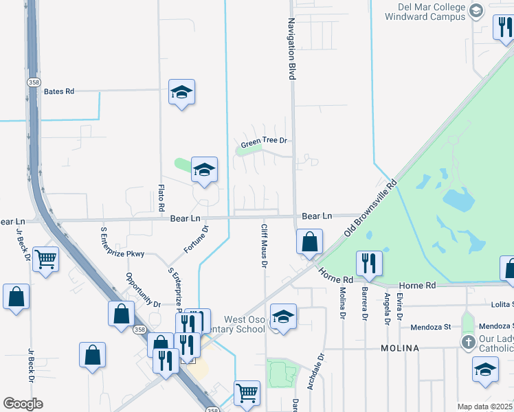 map of restaurants, bars, coffee shops, grocery stores, and more near 102 Green Trail Drive in Corpus Christi