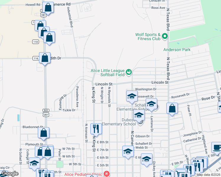 map of restaurants, bars, coffee shops, grocery stores, and more near 1050 North Reynolds Street in Alice