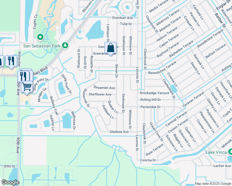 map of restaurants, bars, coffee shops, grocery stores, and more near 1455 Bevan Drive in Sebastian
