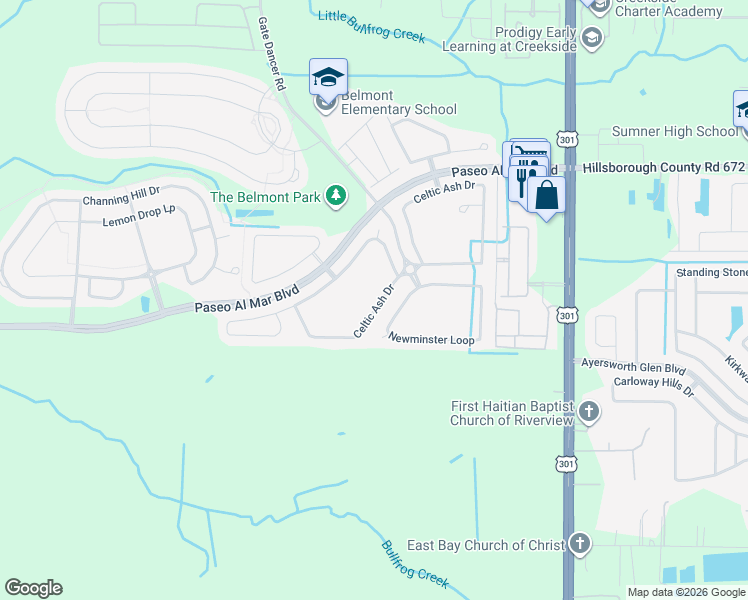 map of restaurants, bars, coffee shops, grocery stores, and more near 10056 Celtic Ash Drive in Ruskin