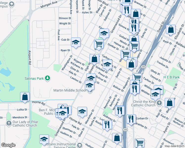 map of restaurants, bars, coffee shops, grocery stores, and more near 2630 Bolivar Street in Corpus Christi