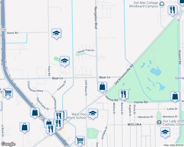 map of restaurants, bars, coffee shops, grocery stores, and more near 112 Green Point Drive in Corpus Christi