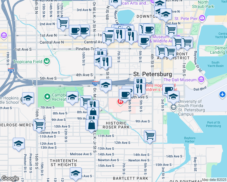 map of restaurants, bars, coffee shops, grocery stores, and more near 750 5th Avenue South in St. Petersburg