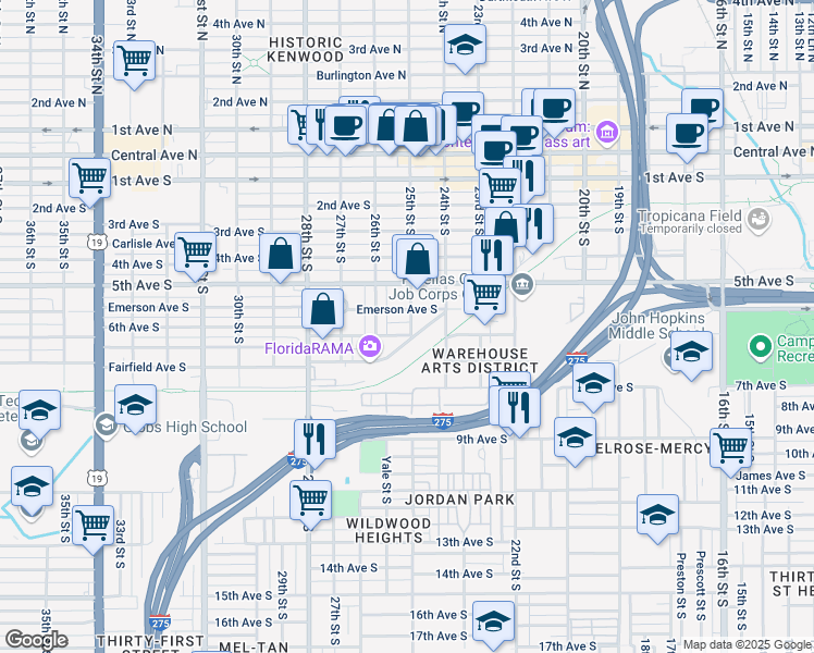 map of restaurants, bars, coffee shops, grocery stores, and more near 2535 6th Avenue South in St. Petersburg