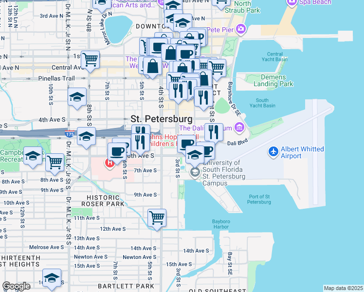 map of restaurants, bars, coffee shops, grocery stores, and more near 510 3rd Street South in St. Petersburg