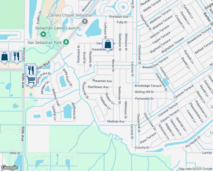 map of restaurants, bars, coffee shops, grocery stores, and more near 919 Starflower Avenue in Sebastian