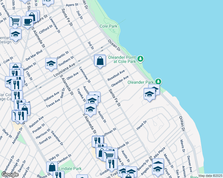 map of restaurants, bars, coffee shops, grocery stores, and more near 253 Oleander Avenue in Corpus Christi