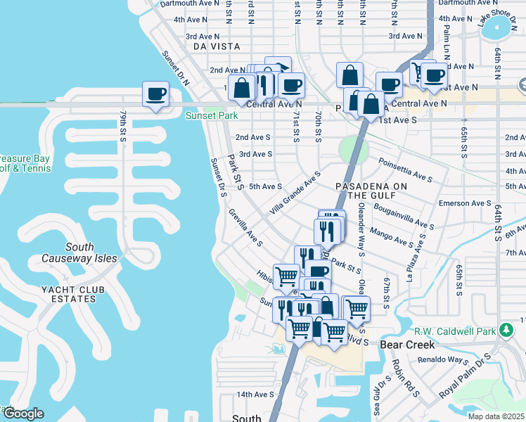map of restaurants, bars, coffee shops, grocery stores, and more near 556 Park Street South in St. Petersburg