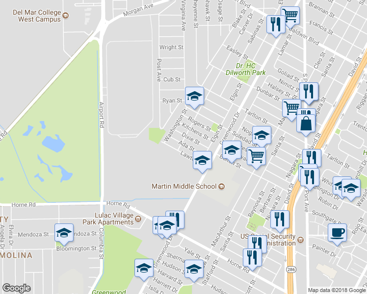 map of restaurants, bars, coffee shops, grocery stores, and more near 2819 Ada Street in Corpus Christi