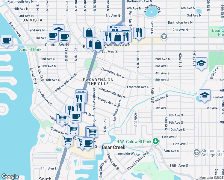 map of restaurants, bars, coffee shops, grocery stores, and more near 6639 Bougainvilla Avenue South in St. Petersburg