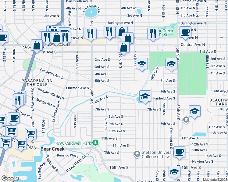 map of restaurants, bars, coffee shops, grocery stores, and more near 6211 6th Avenue South in St. Petersburg