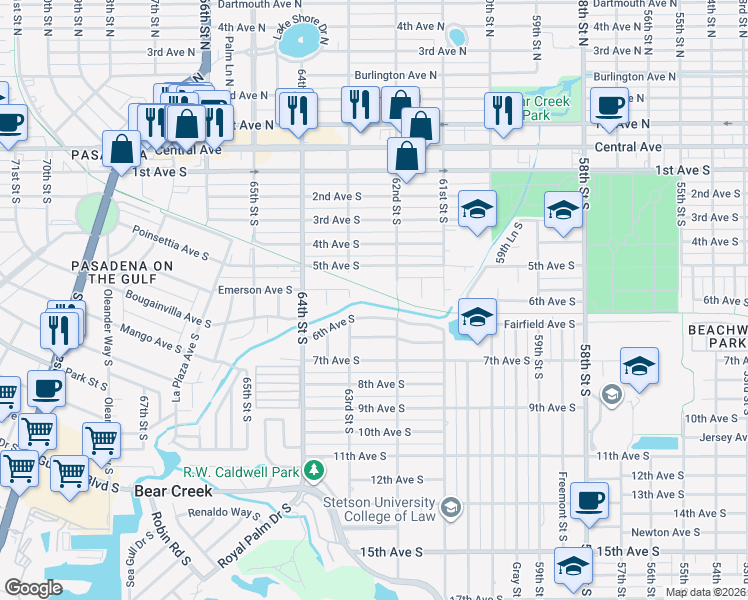 map of restaurants, bars, coffee shops, grocery stores, and more near 6211 6th Avenue South in St. Petersburg