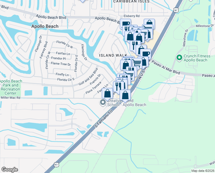 map of restaurants, bars, coffee shops, grocery stores, and more near 6023 Fauna Lane in Apollo Beach