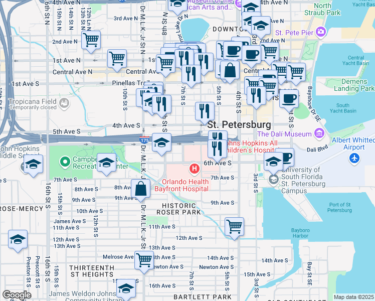 map of restaurants, bars, coffee shops, grocery stores, and more near 555 7th Street South in St. Petersburg