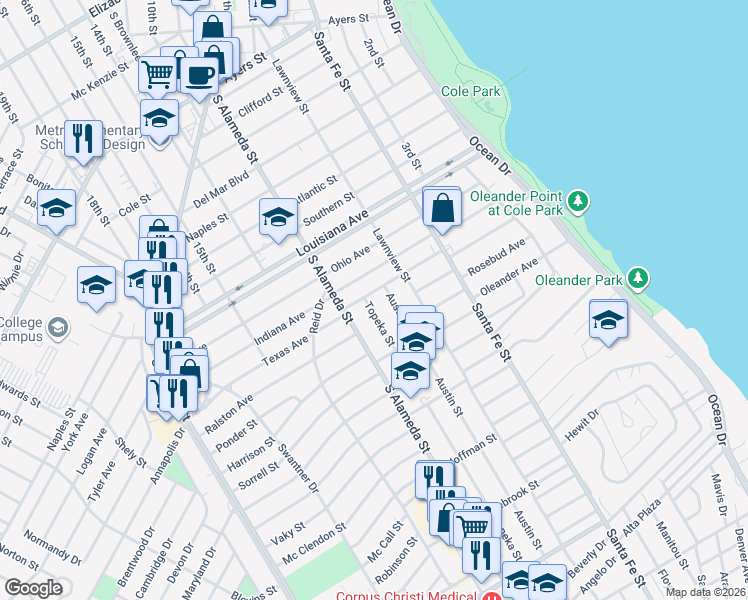 map of restaurants, bars, coffee shops, grocery stores, and more near 2817 Austin Street in Corpus Christi