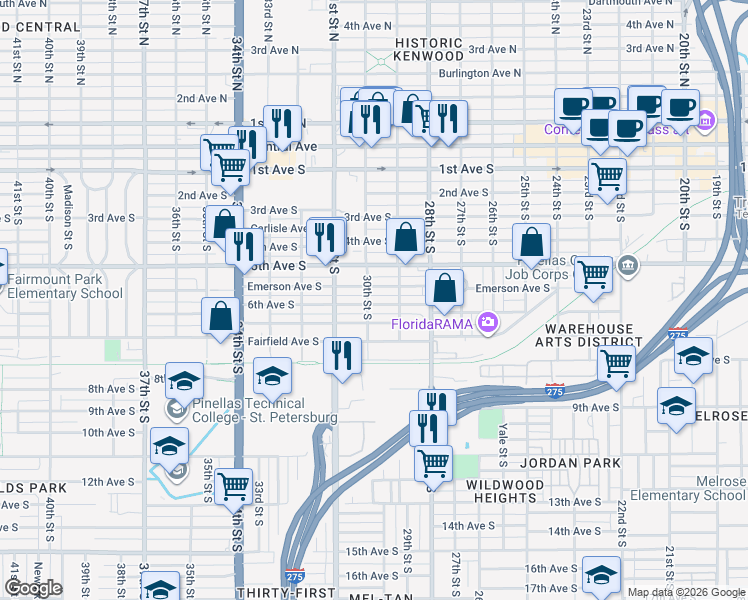 map of restaurants, bars, coffee shops, grocery stores, and more near 2959 6th Avenue South in St. Petersburg